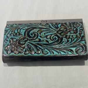 Patricia Nash Turquoise Tooled Floral Leather Wallet Clutch